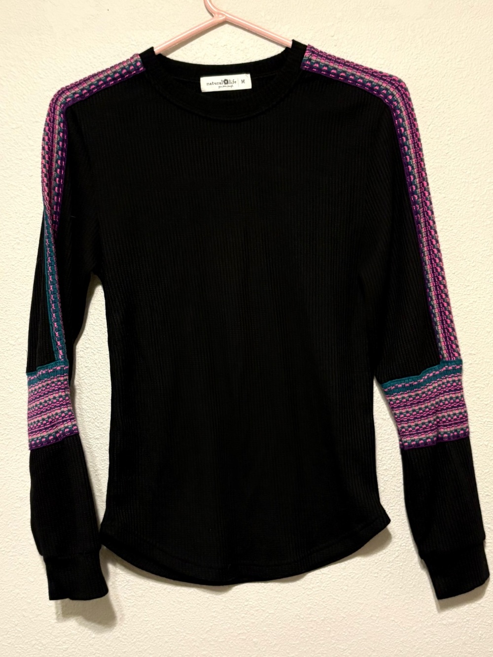 NATURAL LIFE Black Ribbed Long Sleeve Sweater with Purple and Teal Trim